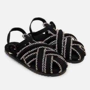 FARM Rio Black Zig Zag Stitch Vegan Leather Flat Sandals Size 10 –Made in Brazil